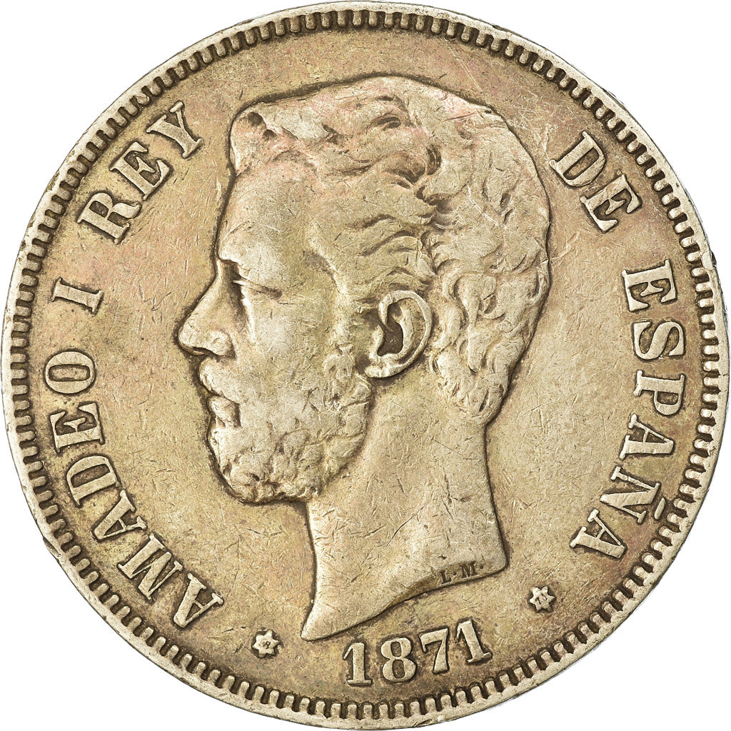Monnaie, Espagne, Amadeao I, 5 Pesetas, 1871, Madrid, TB+, Argent, KM:666