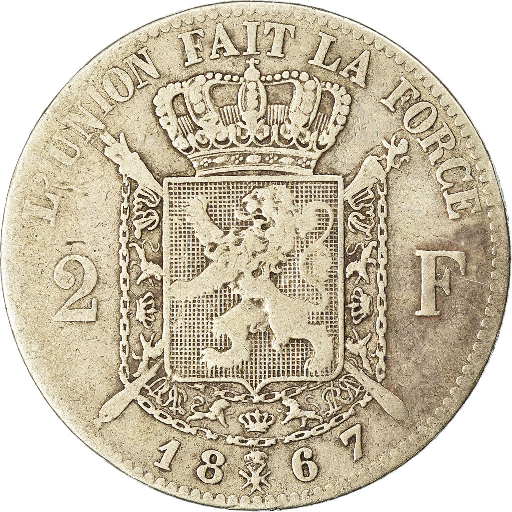 Coin, Belgium, Leopold II, 2 Francs, 2 Frank, 1867, VF(20-25), Silver, KM:30.1