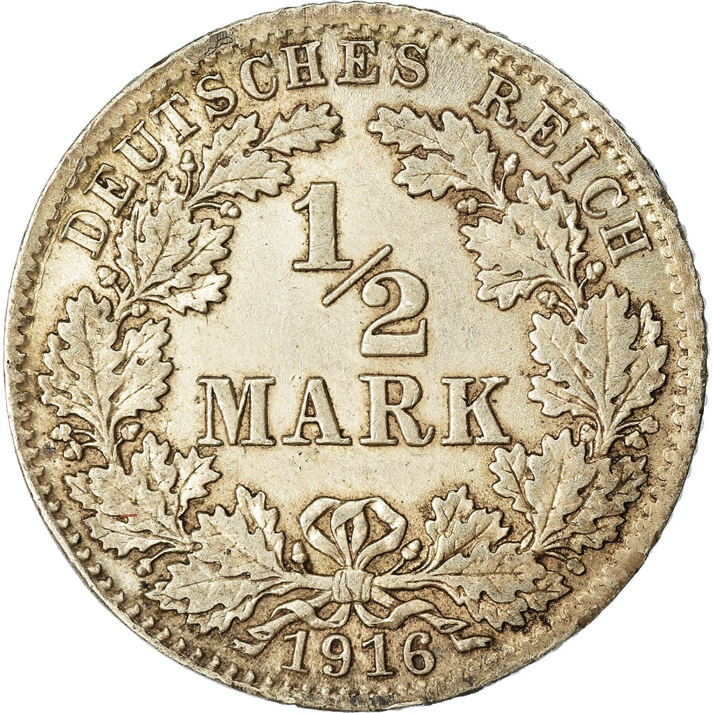 Coin, GERMANY - EMPIRE, 1/2 Mark, 1916, Munich, EF(40-45), Silver, KM:17