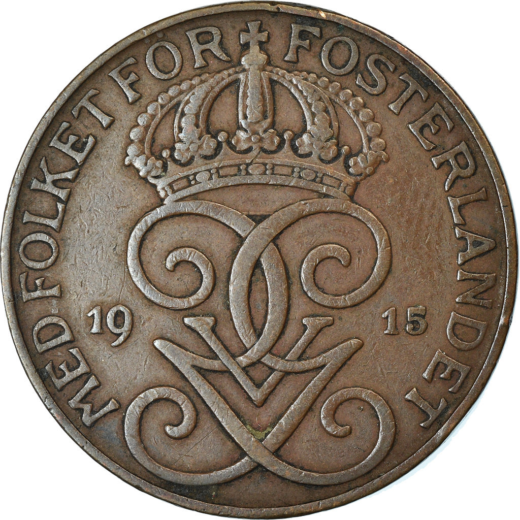 Moeda, Suécia, Gustaf V, 5 Öre, 1915, EF(40-45), Bronze, KM:779.2