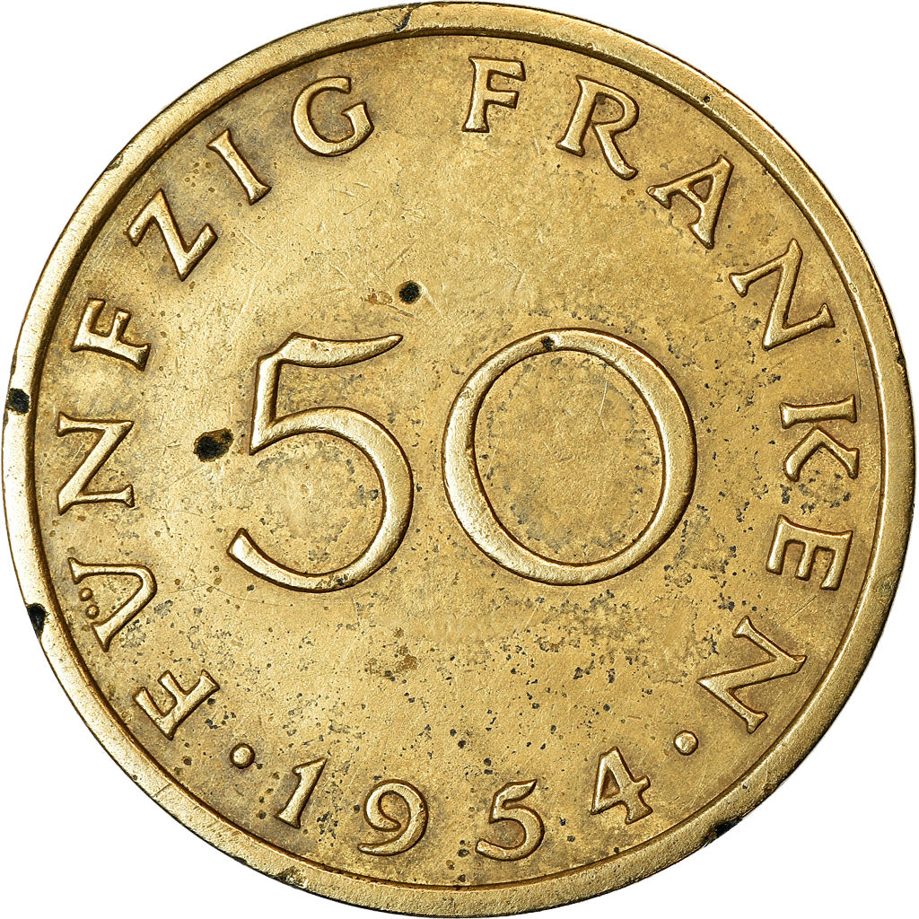 Coin, SAARLAND, 50 Franken, 1954, Paris, VF(30-35), Aluminum-Bronze, KM:3