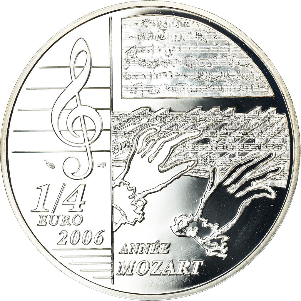 France, 1/4 Euro, Mozart, 2006, BU, MS(65-70), Silver, KM:2061