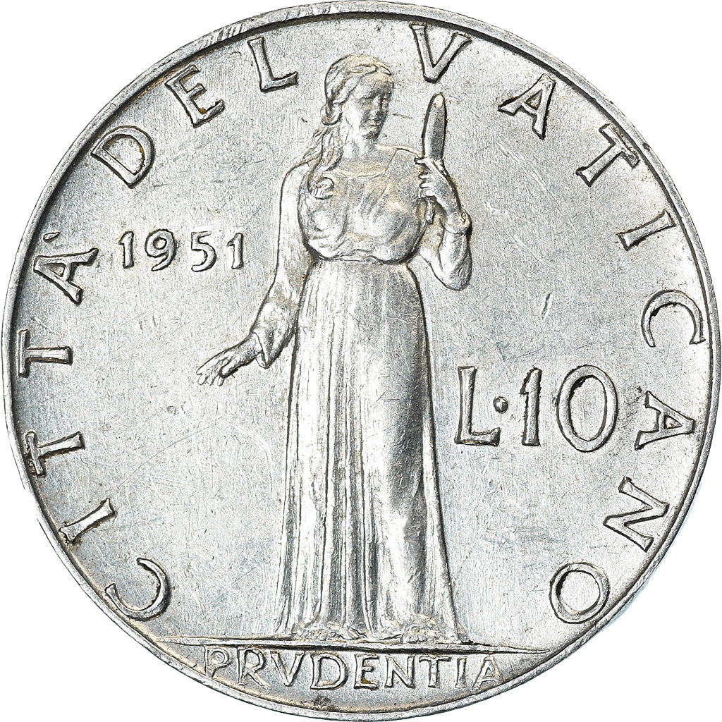 Munten, Vaticaanstad, Pius XII, 10 Lire, 1951, ZF+, Aluminium, KM:52.1