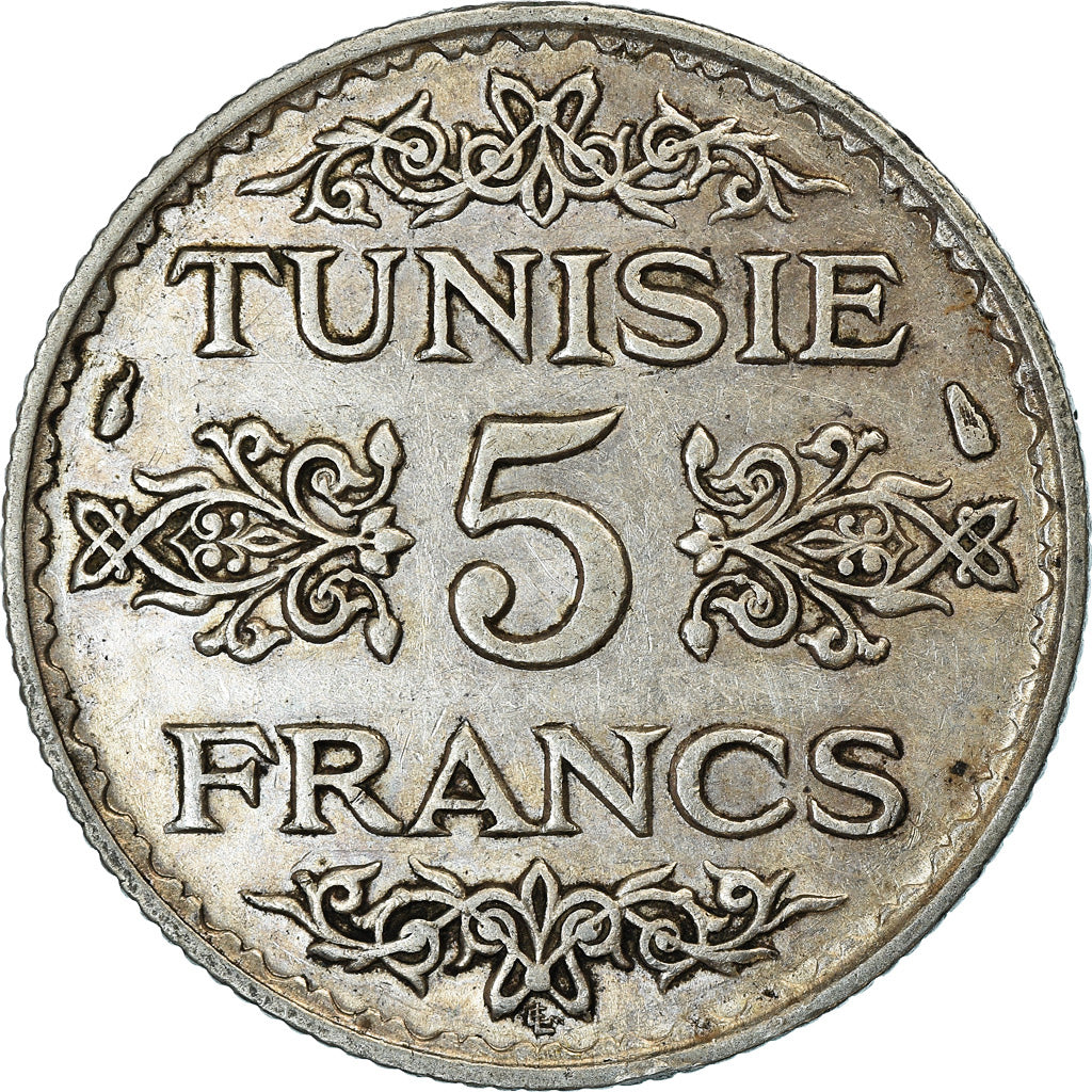 Coin, Tunisia, Ahmad Pasha Bey, 5 Francs, 1936/AH1355, Paris, AU(50-53), Silver