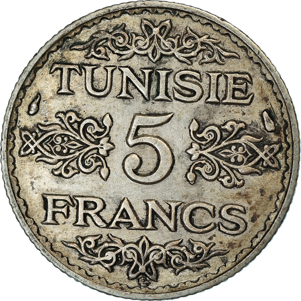 Moneta, Tunisia, Ahmad Pasha Bey, 5 Francs, 1936/AH1355, Paris, BB, Argento