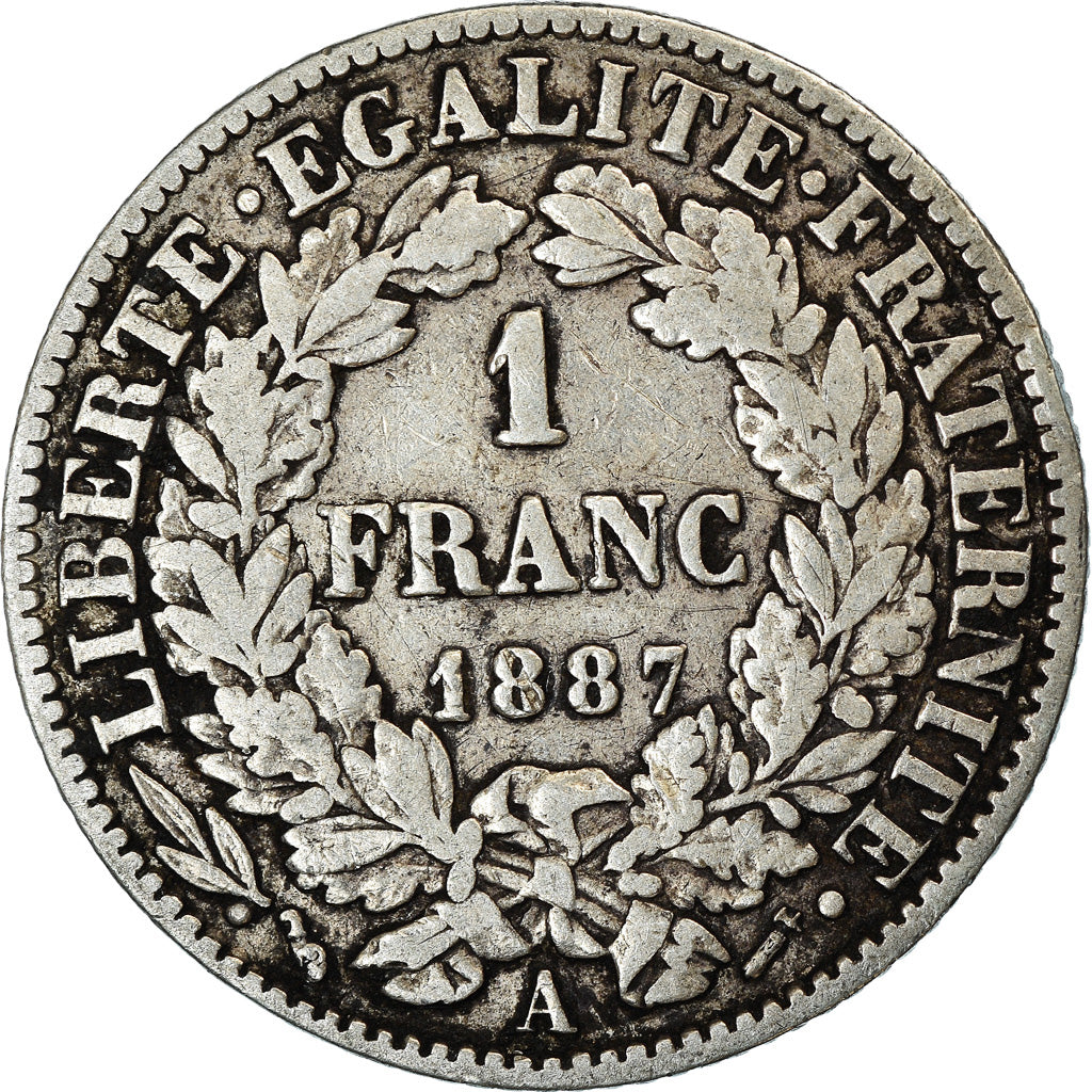 Coin, France, Cérès, Franc, 1887, Paris, VF(20-25), Silver, KM:822.1