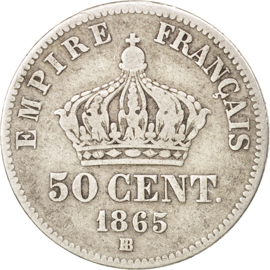 France,Napoleon III,50 Centimes,1865,Strasbourg,VF(20-25),KM 814.2, Gadoury 417