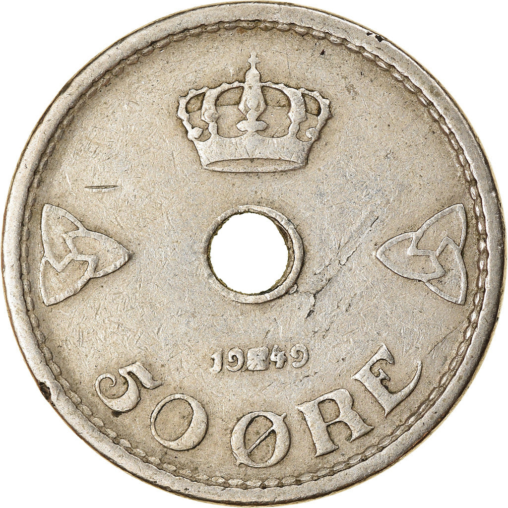Moneda, Noruega, Haakon VII, 50 Öre, 1949, BC+, Cobre - níquel, KM:386
