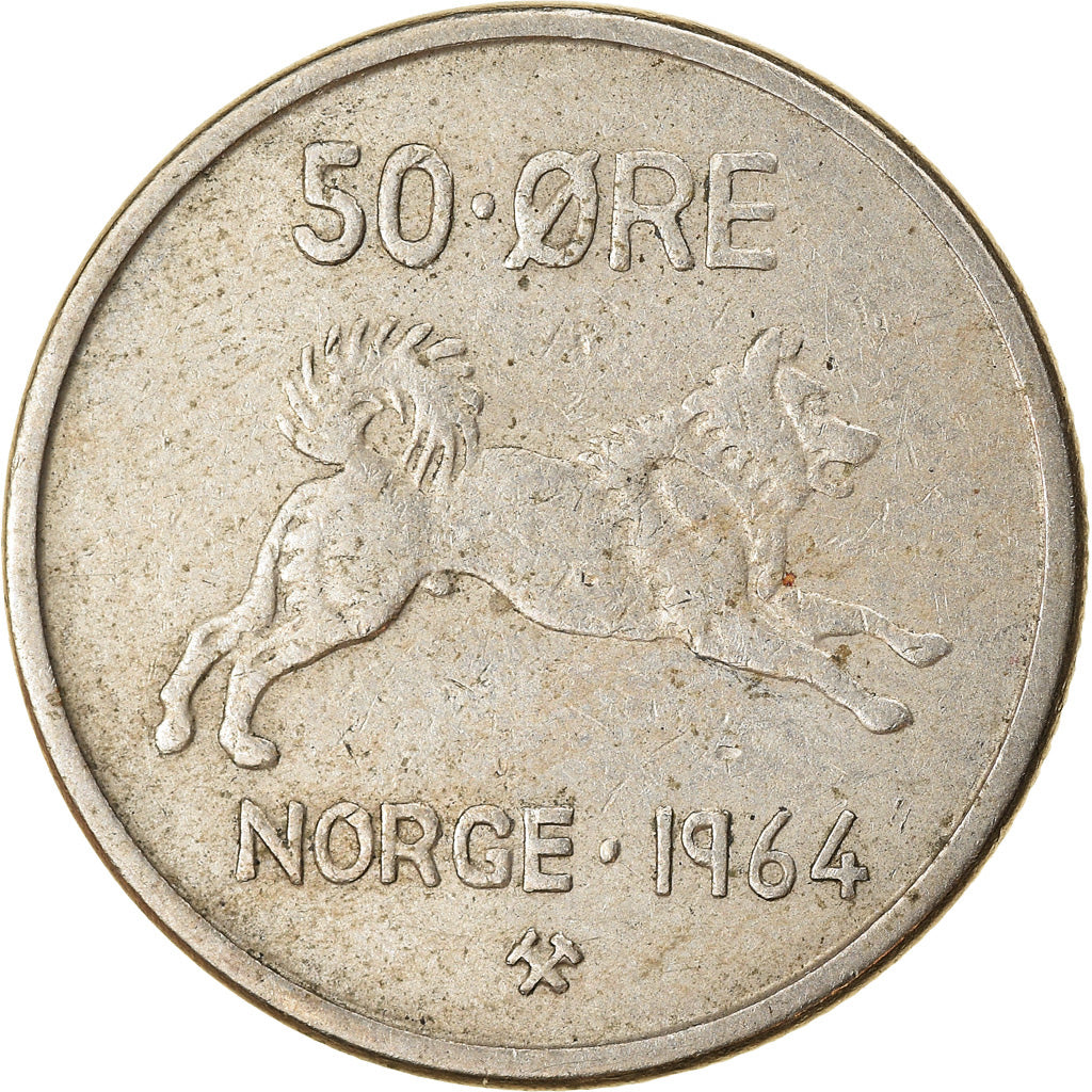Moneda, Noruega, Olav V, 50 Öre, 1964, BC+, Cobre - níquel, KM:408