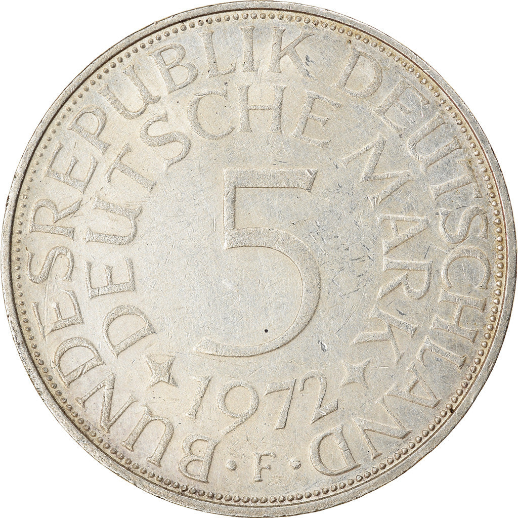 Coin, GERMANY - FEDERAL REPUBLIC, 5 Mark, 1972, Stuttgart, EF(40-45), Silver
