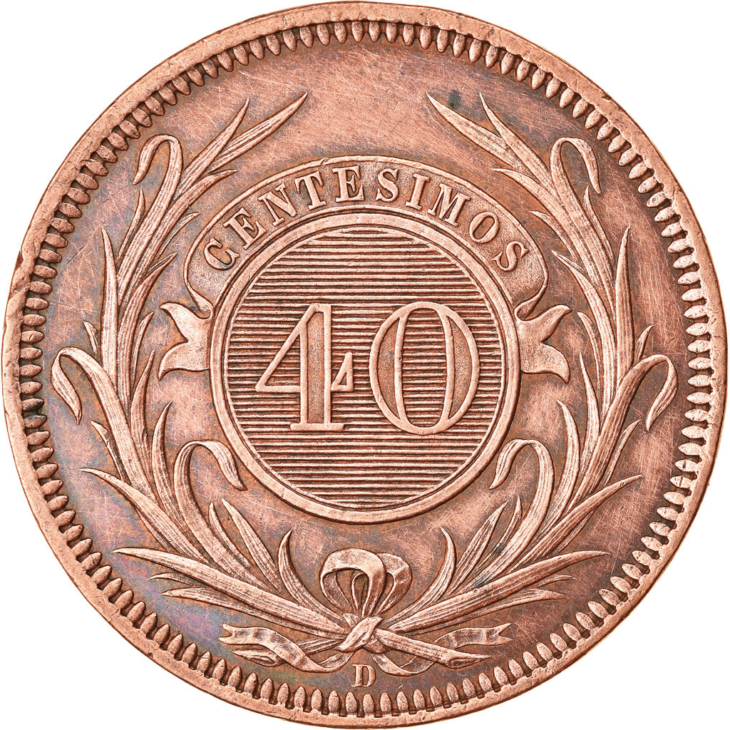 Coin, Uruguay, 40 Centesimos, 1857, Lyon, France, AU(55-58), Copper, KM:10