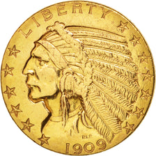 United States, Indian Head, $5, Half Eagle,1909, Denver, AU(50-53), KM129