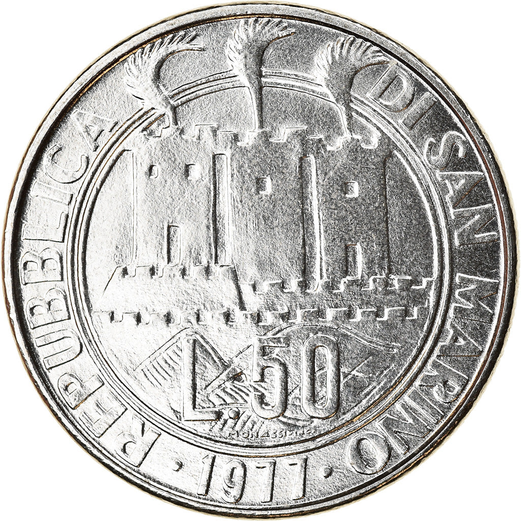 Coin, San Marino, 50 Lire, 1977, Rome, MS(63), Steel, KM:68