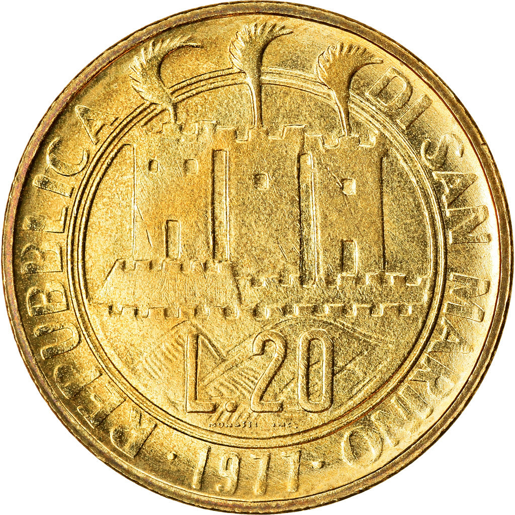 Coin, San Marino, 20 Lire, 1977, Rome, AU(50-53), Aluminum-Bronze, KM:67