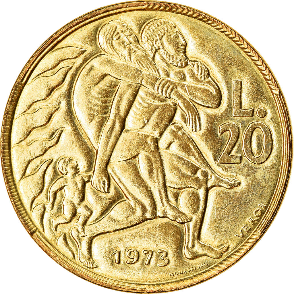 Coin, San Marino, 20 Lire, 1973, MS(63), Aluminum-Bronze, KM:26