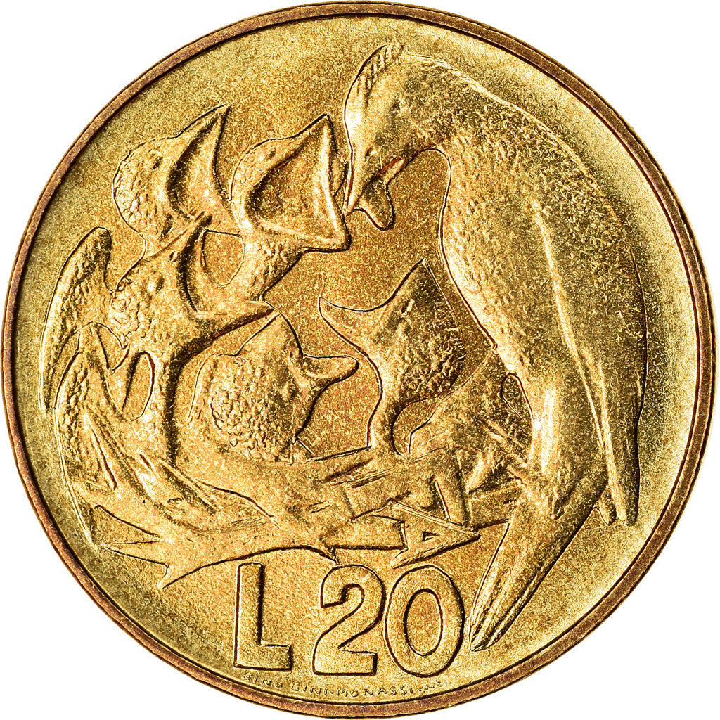 Coin, San Marino, 20 Lire, 1975, MS(63), Aluminum-Bronze, KM:44