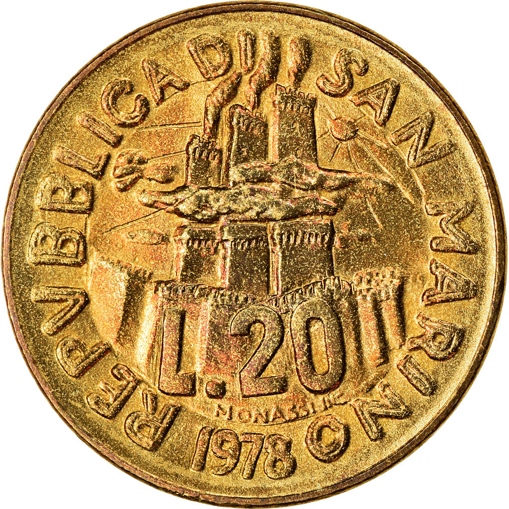 Coin, San Marino, 20 Lire, 1978, AU(55-58), Aluminum-Bronze, KM:80