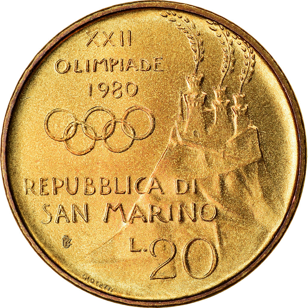 Coin, San Marino, 20 Lire, 1980, MS(63), Aluminum-Bronze, KM:106
