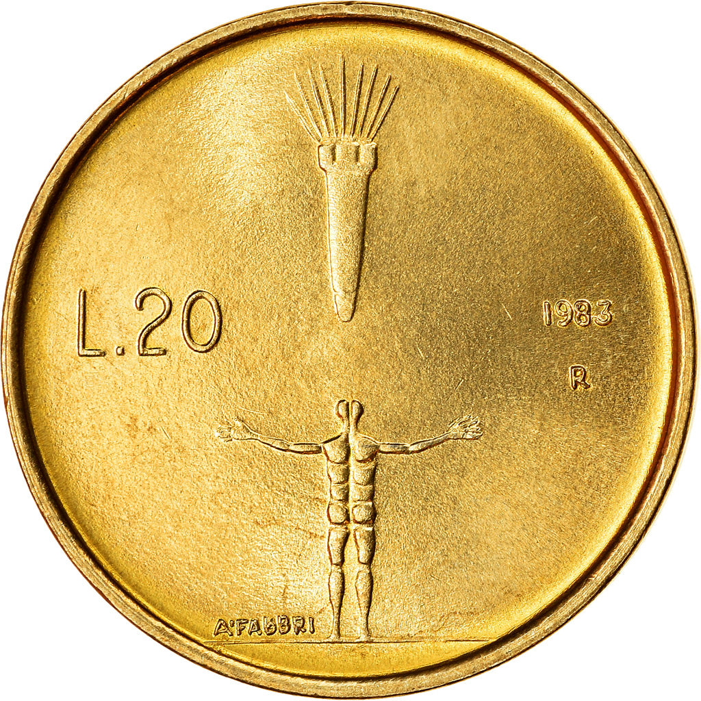 Coin, San Marino, 20 Lire, 1983, Rome, MS(63), Aluminum-Bronze, KM:149
