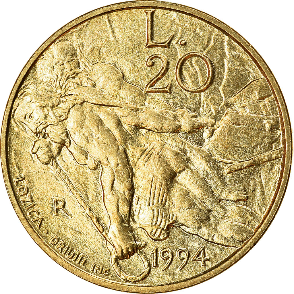 Coin, San Marino, 20 Lire, 1994, Rome, AU(50-53), Aluminum-Bronze, KM:310