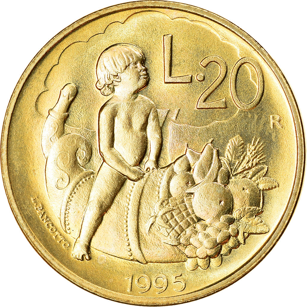 Coin, San Marino, 20 Lire, 1995, Rome, MS(63), Aluminum-Bronze, KM:326