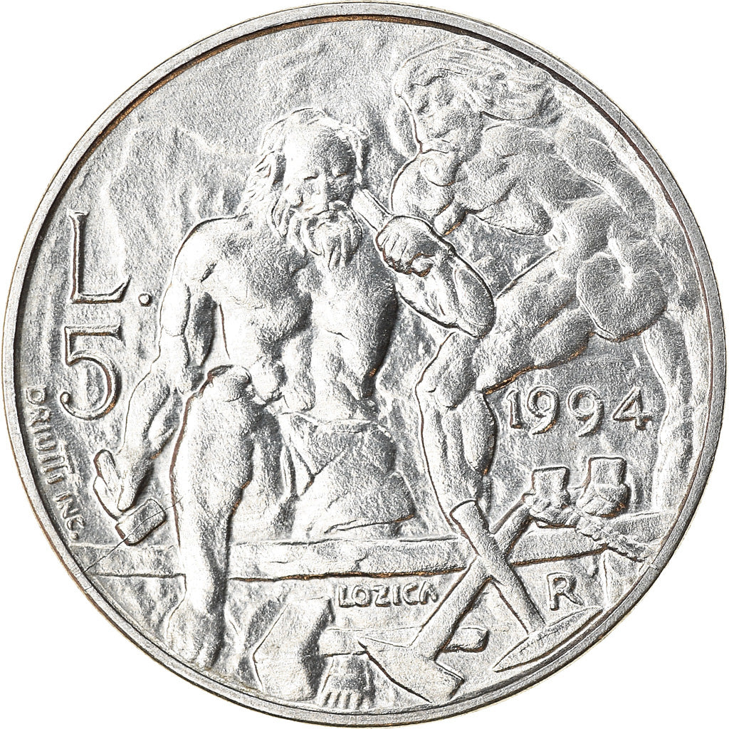 Coin, San Marino, 5 Lire, 1994, Rome, AU(55-58), Aluminum, KM:308