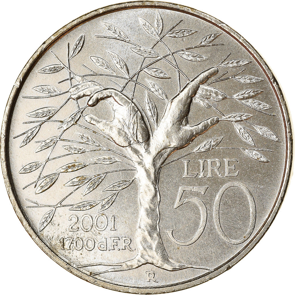 Coin, San Marino, 50 Lire, 2001, Rome, AU(55-58), Copper-nickel, KM:426