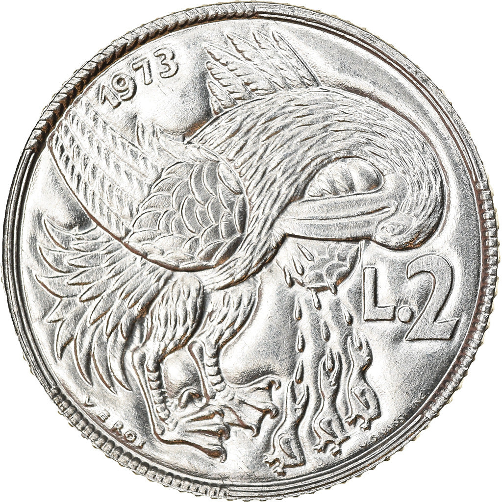 Coin, San Marino, 2 Lire, 1973, MS(63), Aluminum, KM:23