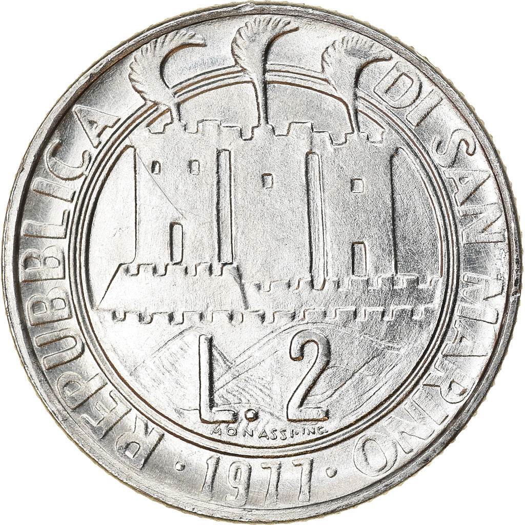 Coin, San Marino, 2 Lire, 1977, AU(55-58), Aluminum, KM:64
