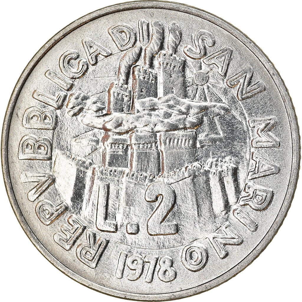 Coin, San Marino, 2 Lire, 1978, MS(63), Aluminum, KM:77
