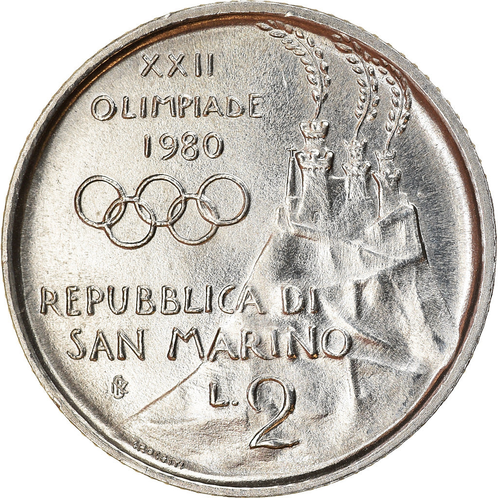 Coin, San Marino, 2 Lire, 1980, MS(63), Aluminum, KM:103