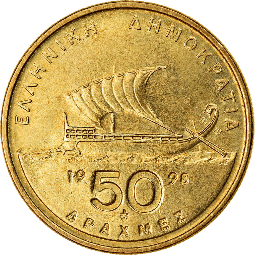 Moeda, Grécia, 50 Drachmes, 1998, AU(55-58), Alumínio-Bronze, KM:147