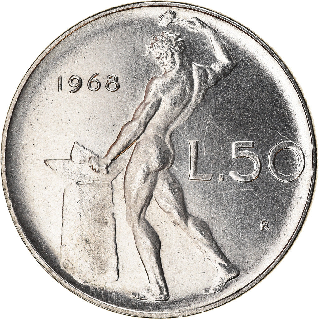 Coin, Italy, 50 Lire, 1968, Rome, MS(63), Stainless Steel, KM:95.1