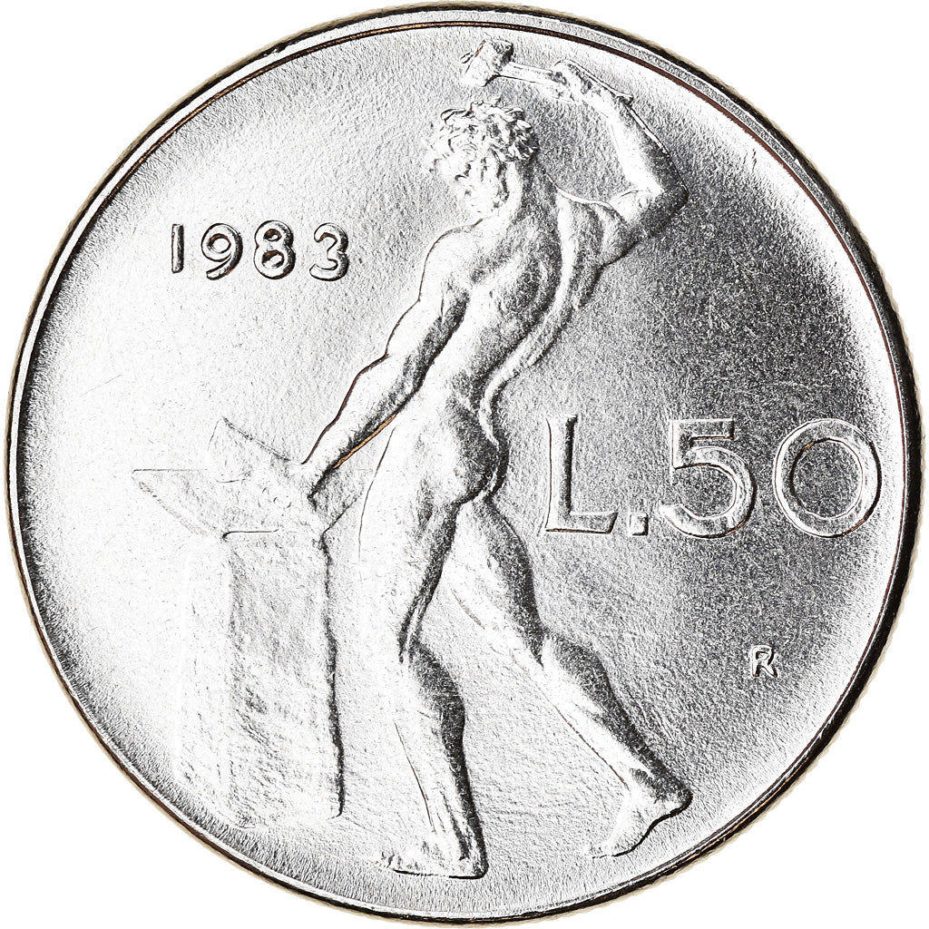 Coin, Italy, 50 Lire, 1983, Rome, AU(55-58), Stainless Steel, KM:95.1