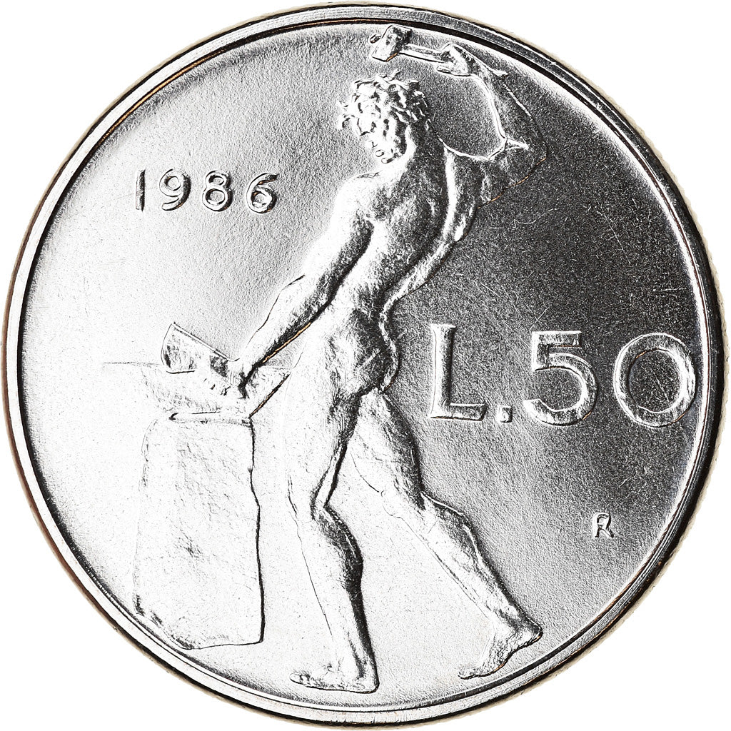 Coin, Italy, 50 Lire, 1986, Rome, MS(63), Stainless Steel, KM:95.1
