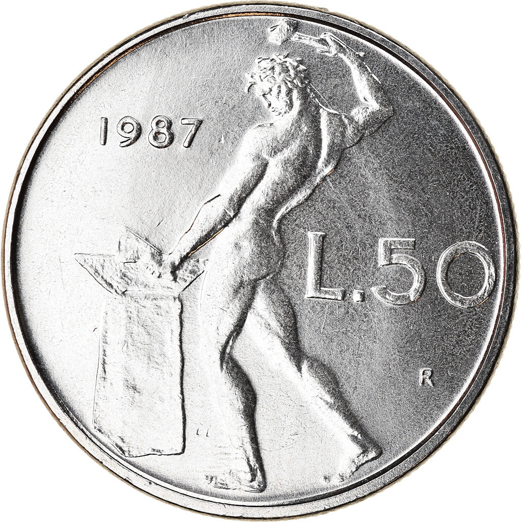 Coin, Italy, 50 Lire, 1987, Rome, MS(63), Stainless Steel, KM:95.1