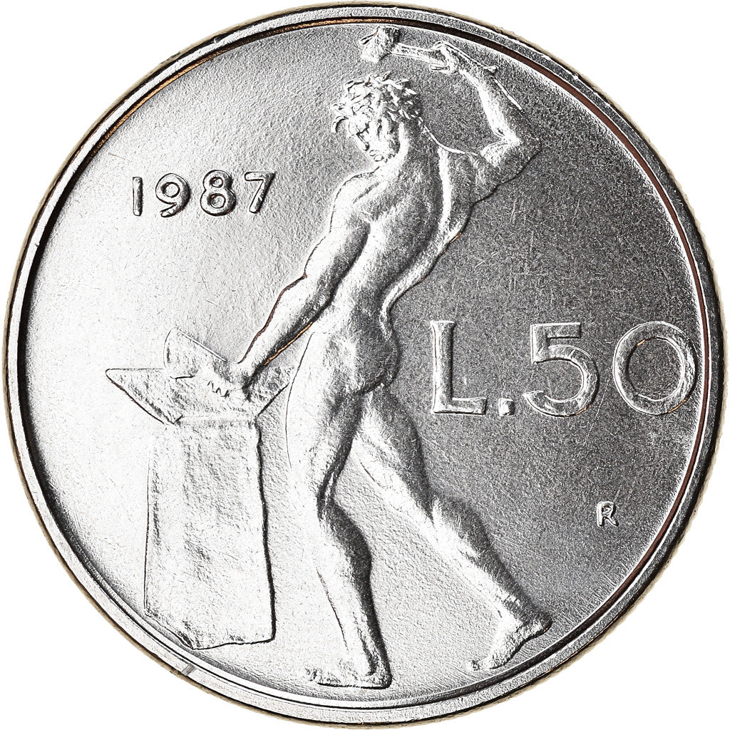 Coin, Italy, 50 Lire, 1987, Rome, AU(55-58), Stainless Steel, KM:95.1