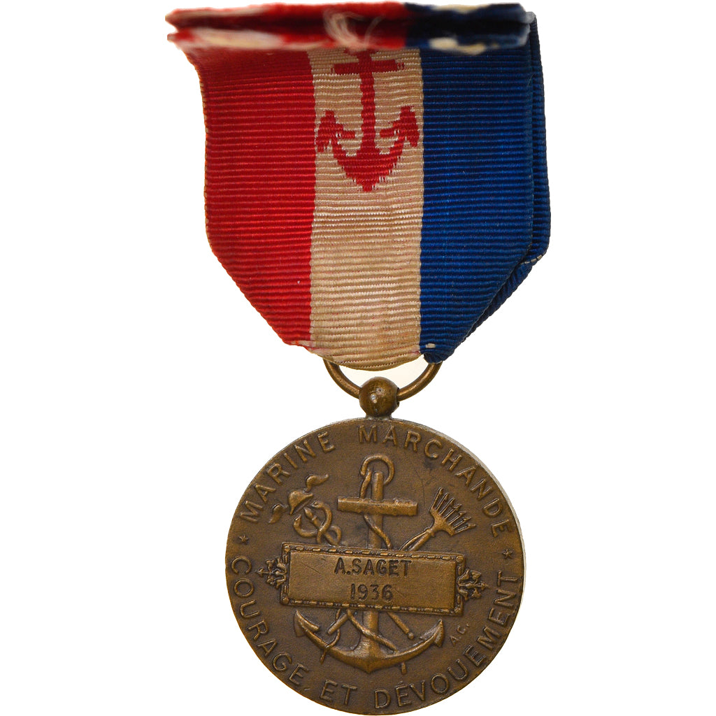 France, Marine Marchande, Courage et Dévouement, Shipping, Medal, 1936, Very