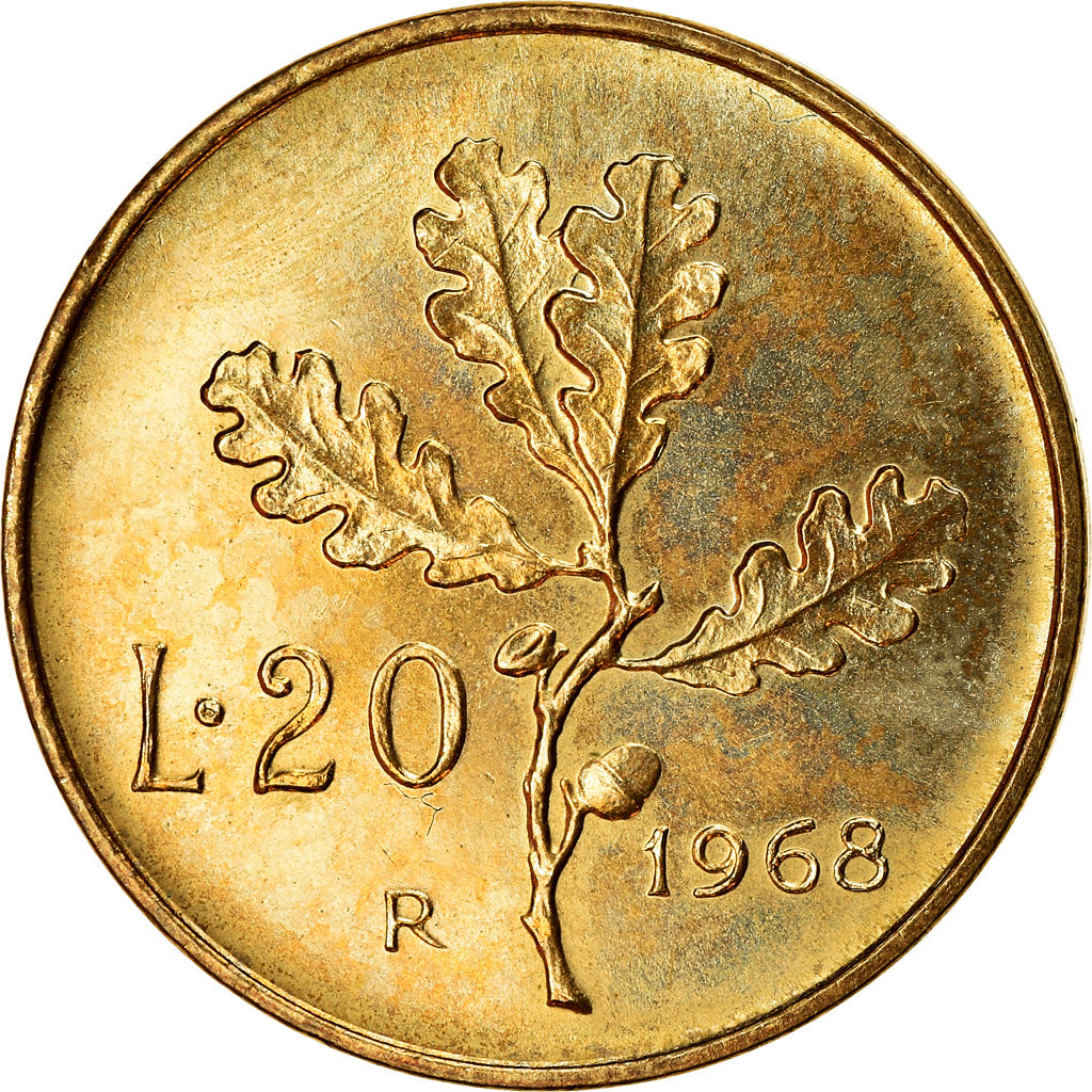 Coin, Italy, 20 Lire, 1968, Rome, AU(55-58), Aluminum-Bronze, KM:97.2