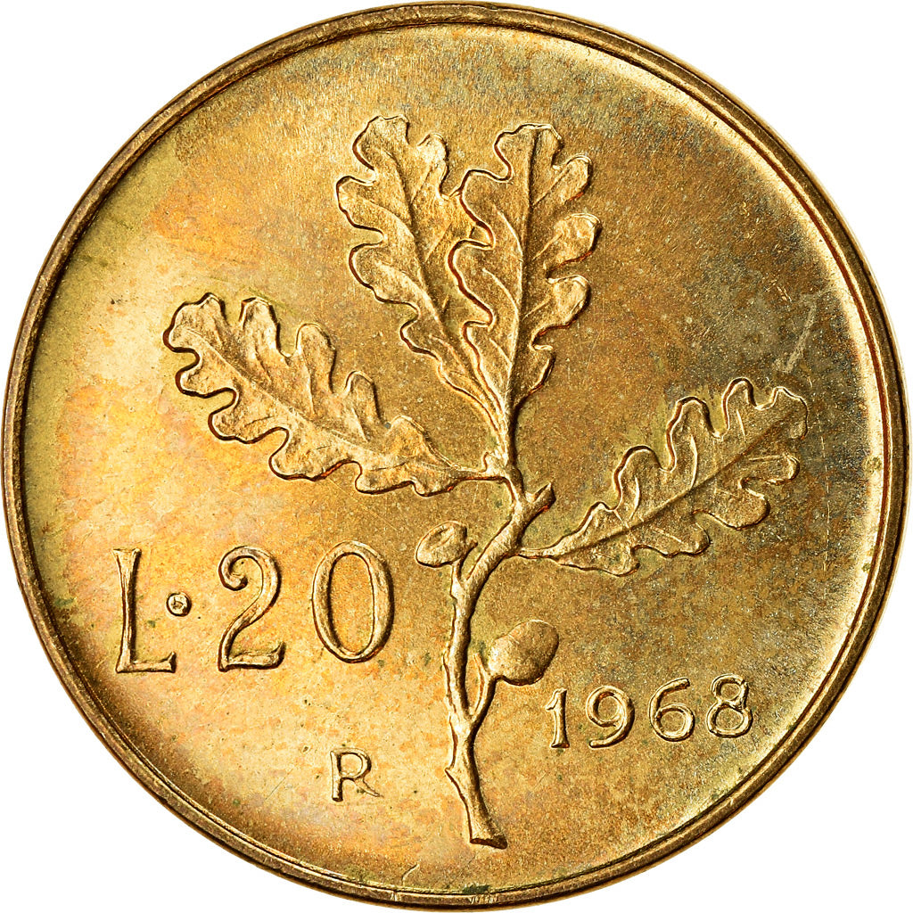 Coin, Italy, 20 Lire, 1968, Rome, EF(40-45), Aluminum-Bronze, KM:97.2