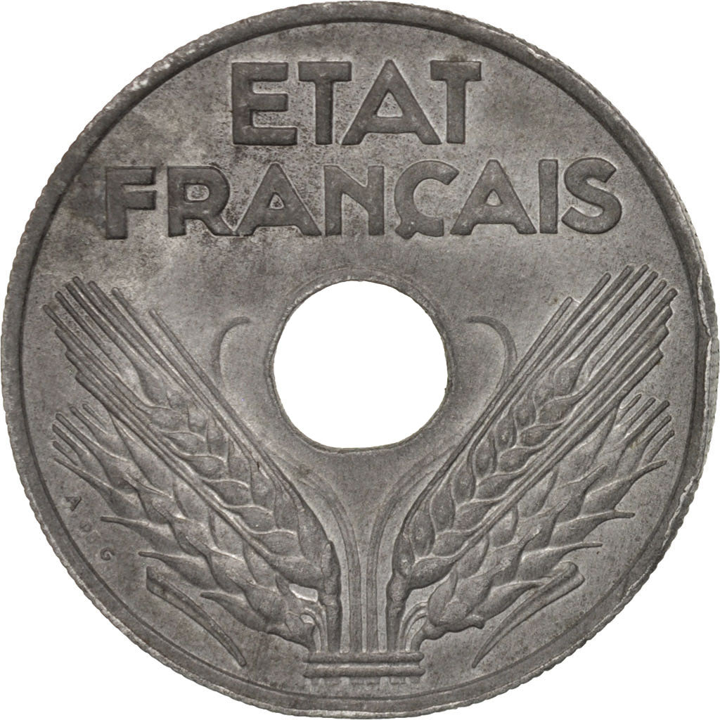 Francia, État français, 20 Centimes, 1944, Paris, BB+, Zinco, KM:900.2, Gad...