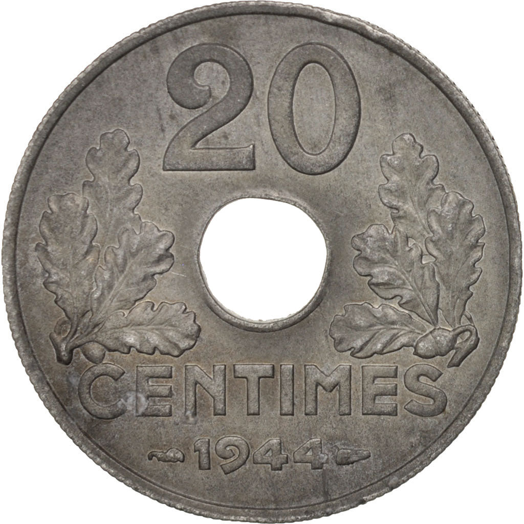 Francia, État français, 20 Centimes, 1944, Paris, BB+, Zinco, KM:900.2, Gad...