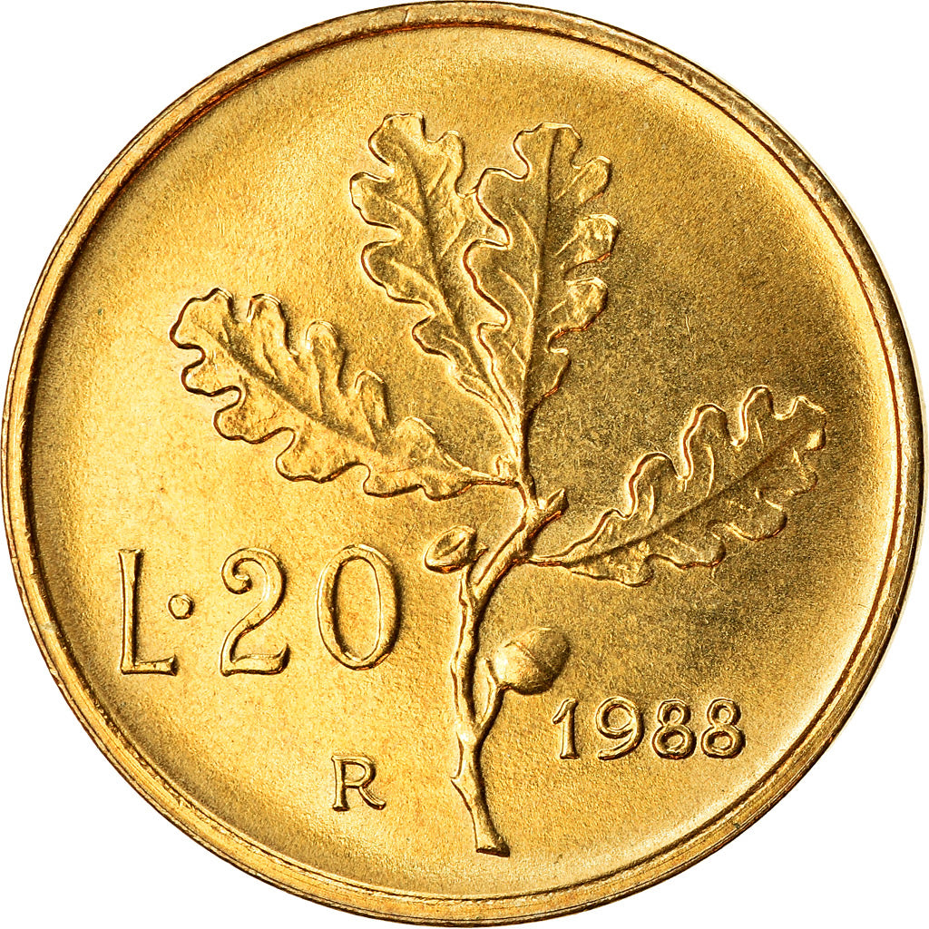 Coin, Italy, 20 Lire, 1988, Rome, MS(63), Aluminum-Bronze, KM:97.2