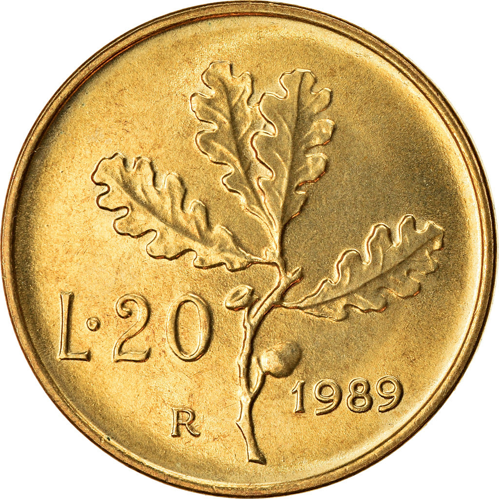 Coin, Italy, 20 Lire, 1989, Rome, MS(63), Aluminum-Bronze, KM:97.2