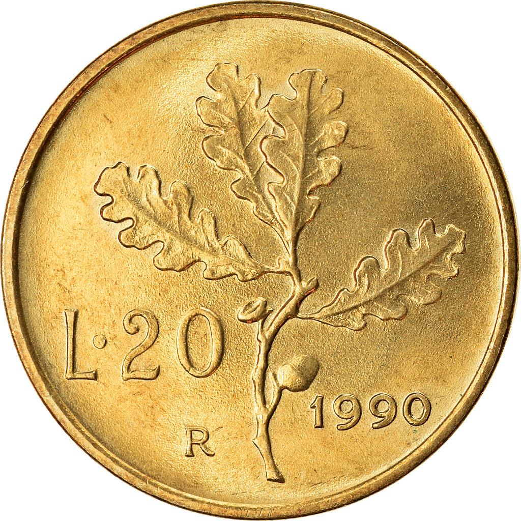 Coin, Italy, 20 Lire, 1990, Rome, MS(63), Aluminum-Bronze, KM:97.2