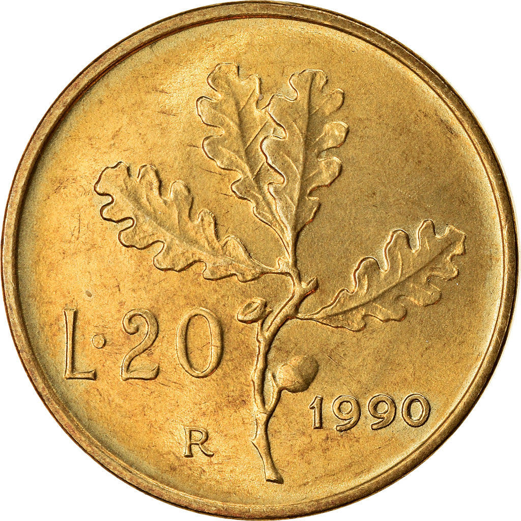 Coin, Italy, 20 Lire, 1990, Rome, AU(55-58), Aluminum-Bronze, KM:97.2