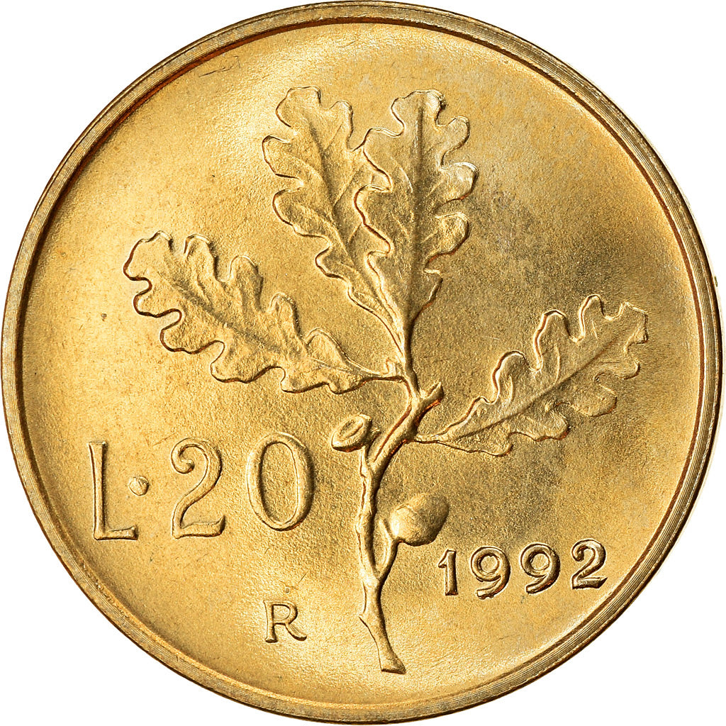 Coin, Italy, 20 Lire, 1992, Rome, MS(60-62), Aluminum-Bronze, KM:97.2