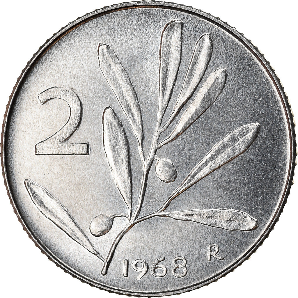 Coin, Italy, 2 Lire, 1968, Rome, AU(55-58), Aluminum, KM:94