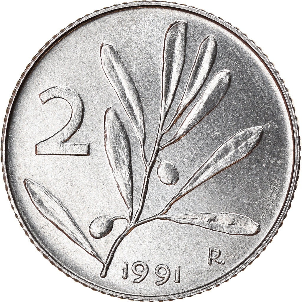 Coin, Italy, 2 Lire, 1991, Rome, AU(55-58), Aluminum, KM:94