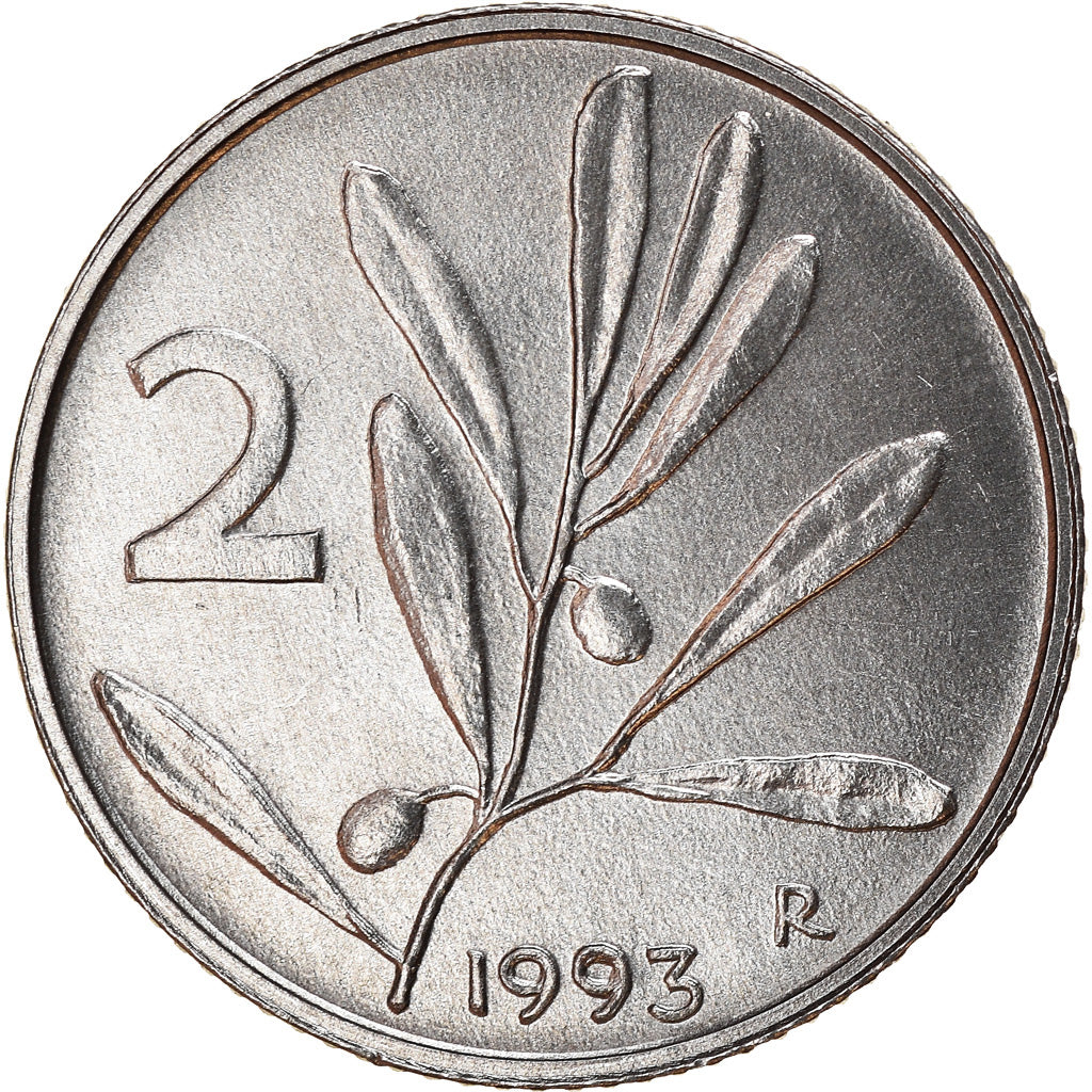 Coin, Italy, 2 Lire, 1993, Rome, AU(50-53), Aluminum, KM:94